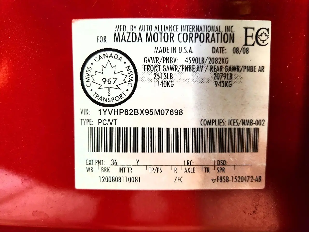 1YVHP82BX95M07698 MAZDA 6 2009 RED Photo 12